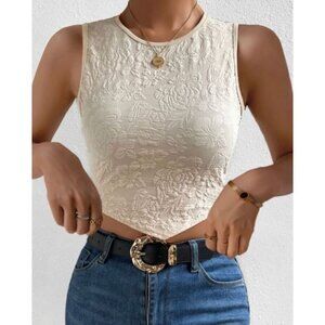 Asymmetrical Floral Jacquard Hanky Hem Slim Fit Crop Tank Top Apricot Sz 8